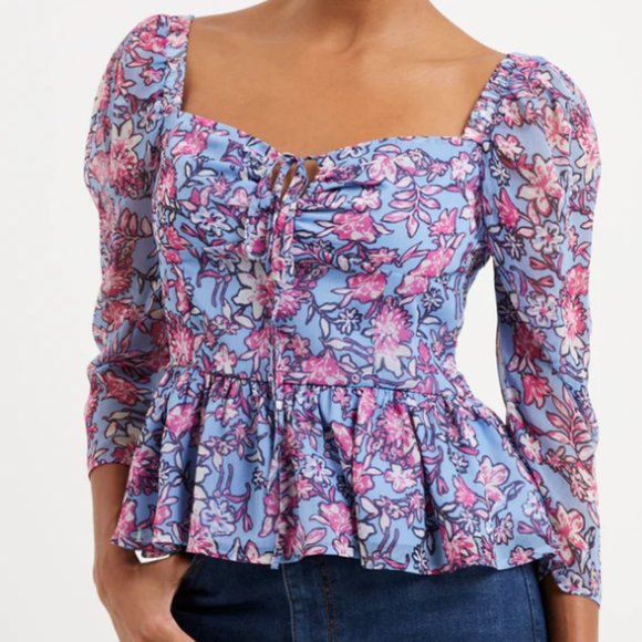 NWT French Conection Fontini Hallie Halter Peplum Top in floral blue & pink - Picture 5 of 7